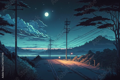 Illustration night background, Anime style, Generative ai