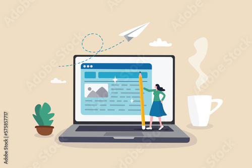 Content writer, blogger or bullet journal, publishing editor or writing article online, copywriter for advertising, freelance journalist concept, creative woman holding pencil with content on website. photo