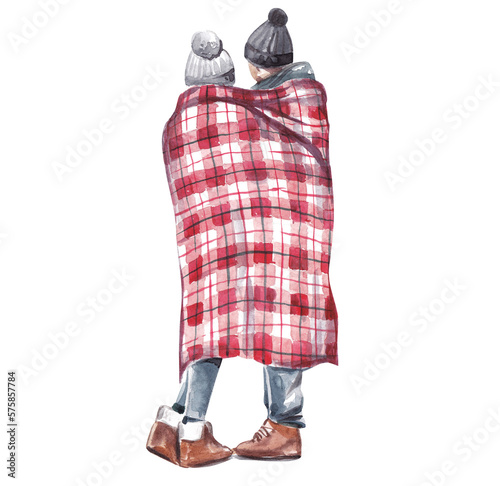 Watercolor illustration with a couple wrapped in a plaid Christmas blanket