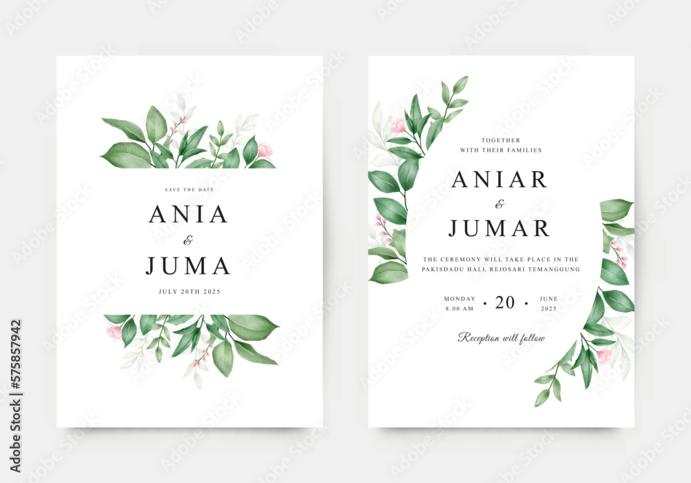 Green plants set for beautiful wedding invitation template