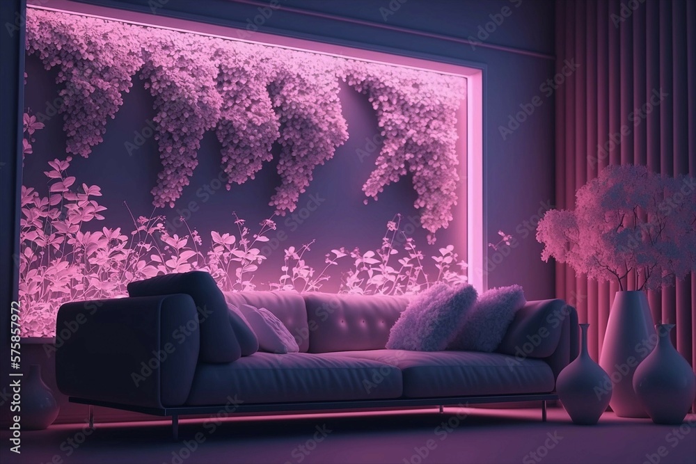 Modern living room with a blooming flower wall, zoom background