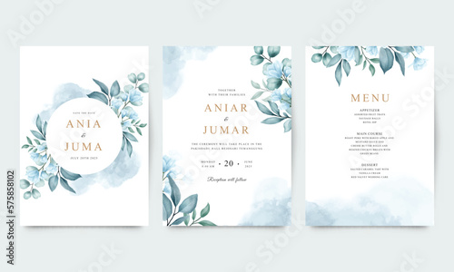 Set of wedding invitations with elegant blue flowers and leaves