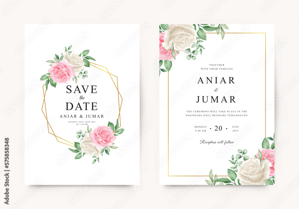 Wedding invitation template with beautiful watercolor roses