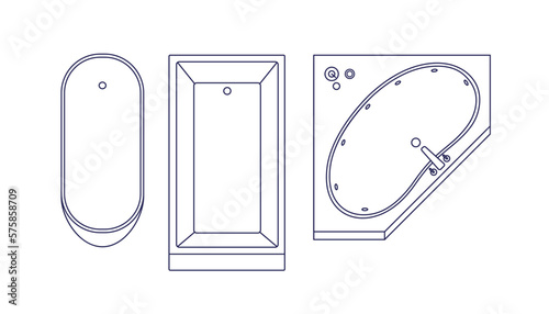 Outlined bath tubs designs, top above view. Corner bubble bathtub, rectangle shape, overhead. Different bathroom, washroom facilities. Contoured flat vector illustrations isolated on white background