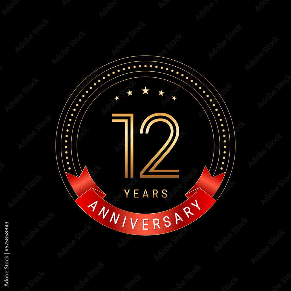 12th Anniversary. Anniversary logo design with golden number and red ribbon. Logo Vector Template