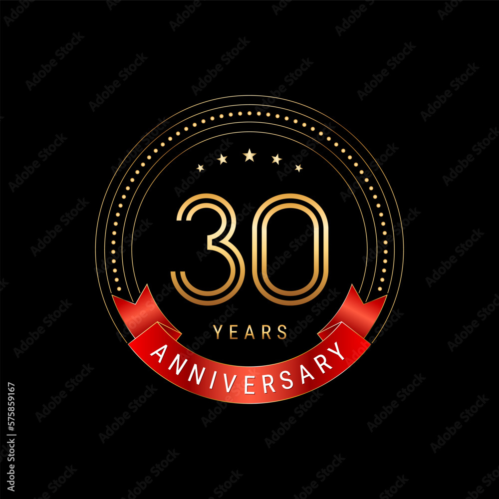 30th Anniversary. Anniversary logo design with golden number and red ribbon. Logo Vector Template