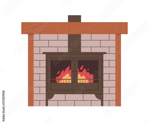 Fireside, home fire place, warm cosy furnace. Fireplace with glowing flames, doors, brick wall. House hearth. Hot indoor decoration. Flat vector illustration isolated on white background