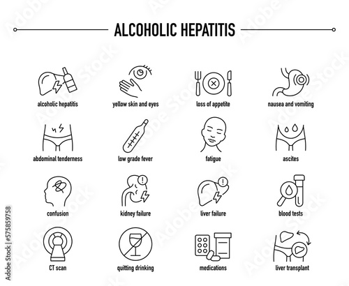 Alcoholic Hepatitis symptoms  diagnostic and treatment vector icon set. Line editable medical icons.