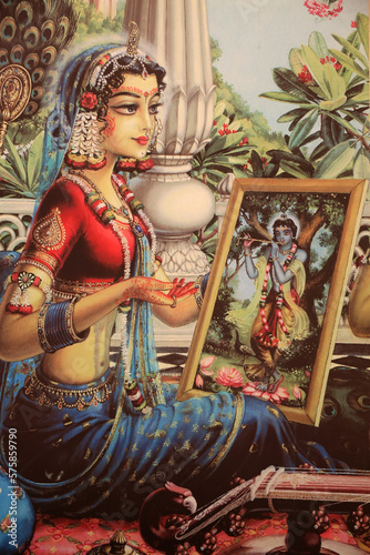 Canvastavla Painting depicting Radha looking at a picture of Krishna. India.