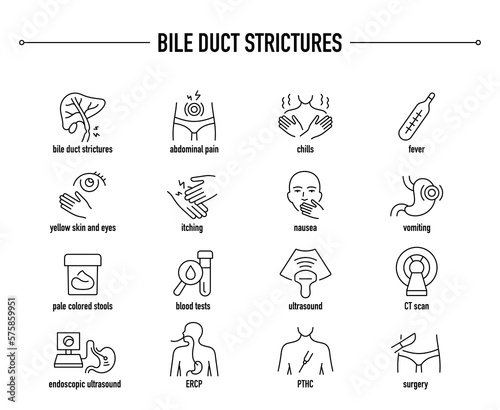 Bile Duct Strictures Syndrome symptoms, diagnostic and treatment vector icon set. Line editable medical icons.