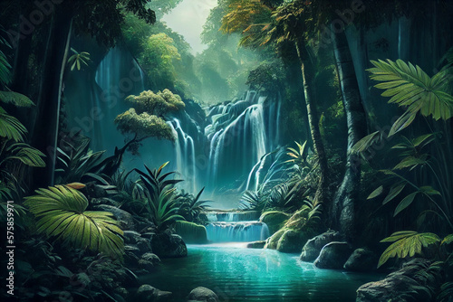 Waterfall forest nature tropical background. Jungle wallpaper. Generative ai.