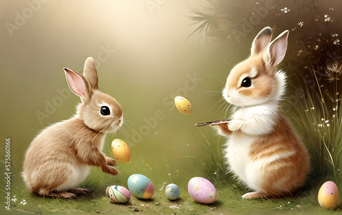 two bunny playing easter eg...
