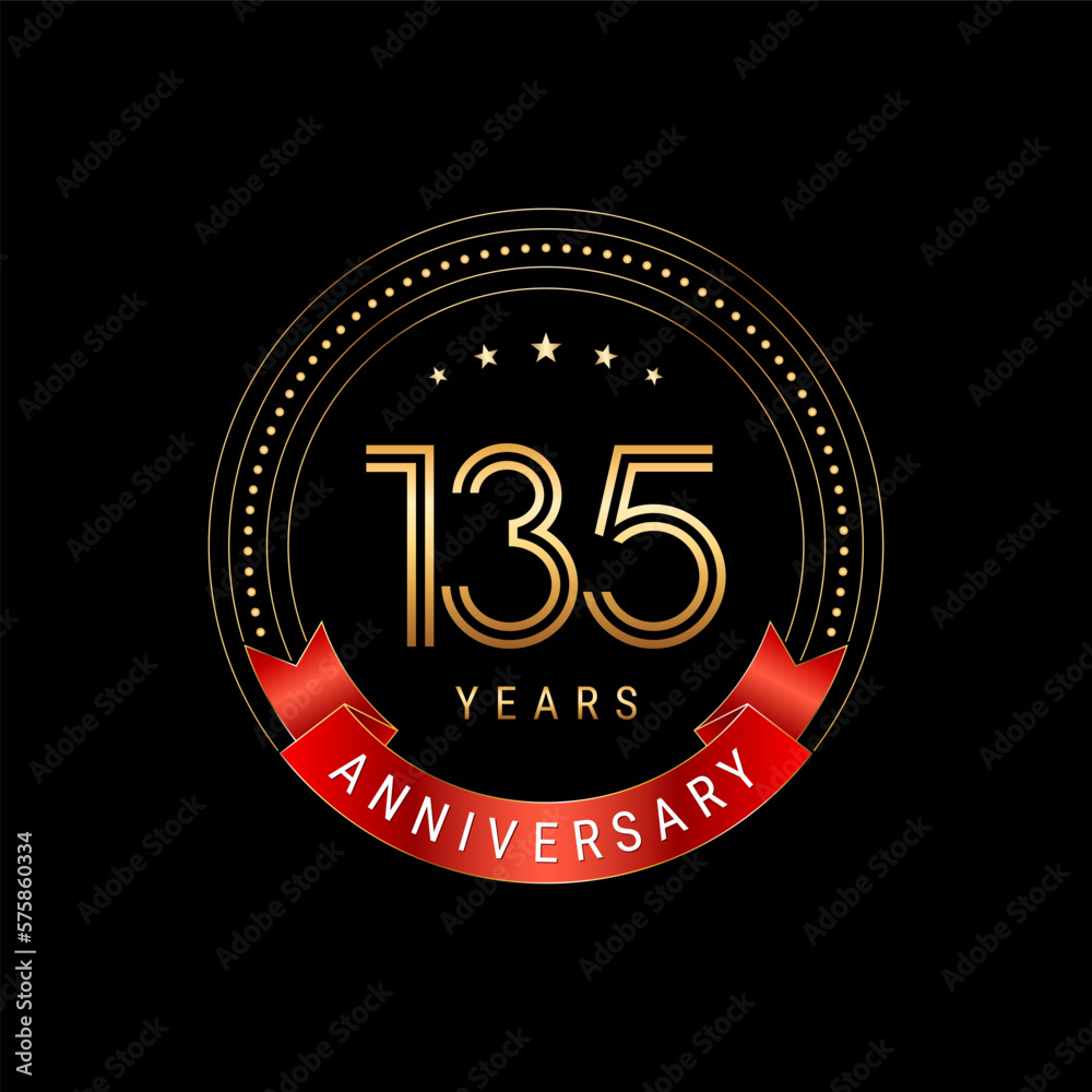 135th Anniversary. Anniversary logo design with golden number and red ribbon. Logo Vector Template