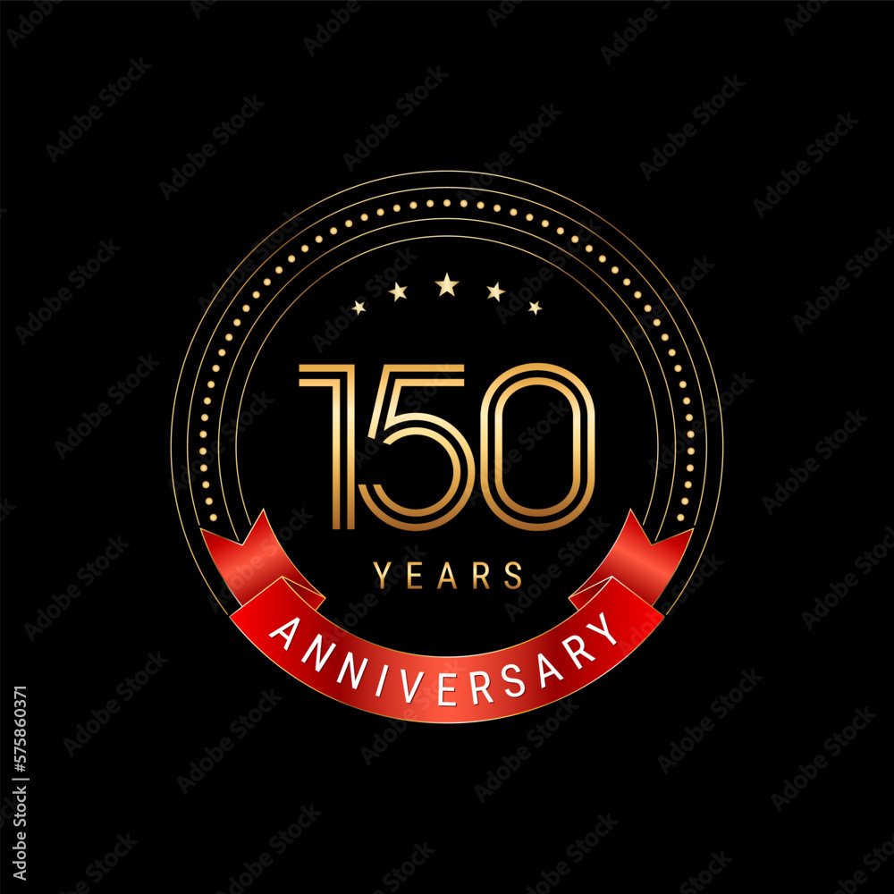 150th Anniversary. Anniversary logo design with golden number and red ribbon. Logo Vector Template