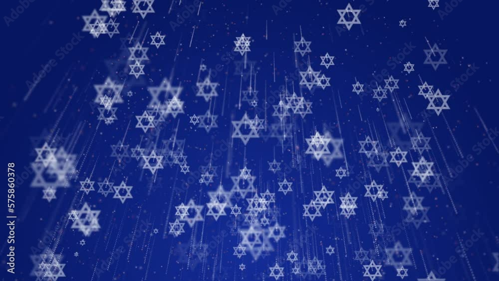 White Stars of David rotate and fly down on a blue background. Animation with state symbols of Israel. Jewish traditional signs.