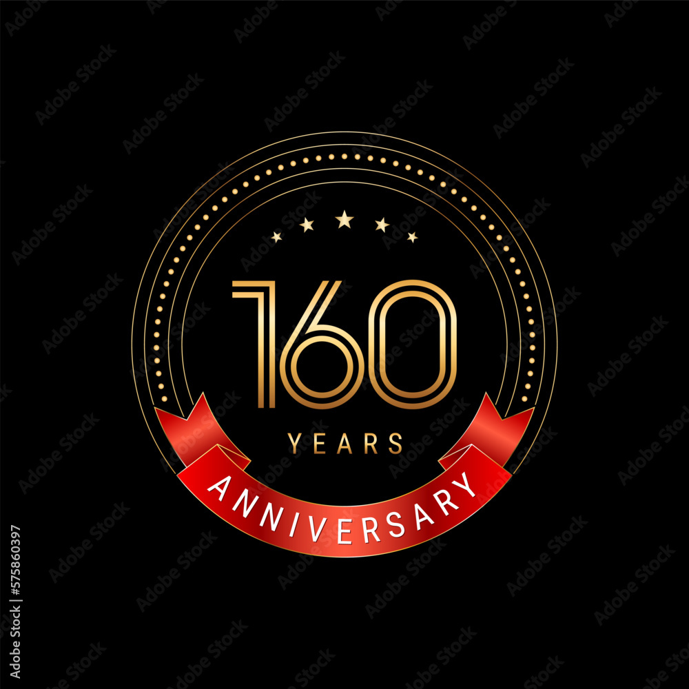 160th Anniversary. Anniversary logo design with golden number and red ribbon. Logo Vector Template