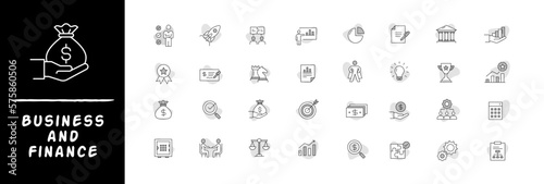 Business & Finance Vector Line Icons Set. Black and White with gray blobs background.
