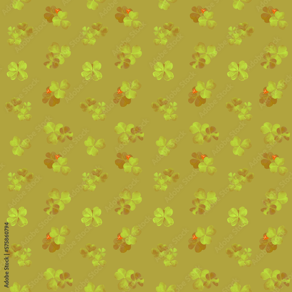 Retro-style Seamless pattern with clover leaf and ladybugs. Beige color background and grass. Design for covers, packaging, textile, print, cards, fabric, 