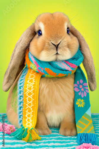 Fun Easter Bunny with a colorful scarf on a bright yellow background. Easter Rabbit in blue, pink and yellow bright spring colors. Happy Easter. Three-dimensional Illustration card idea Generative AI