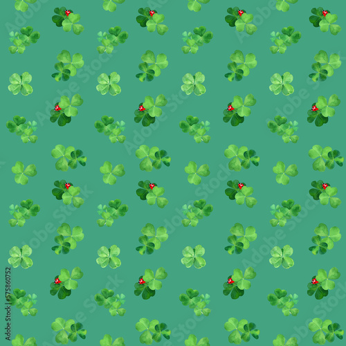 Seamless pattern with watercolor clover and ladybugs. Hand drawn spring  decor with green grass and bugs on green fone. Design for covers  packaging  textile  print  cards  fabric  background.