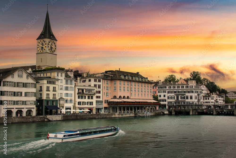 Cityscape of Zurich, Switzerland during a dramatic sunset.
