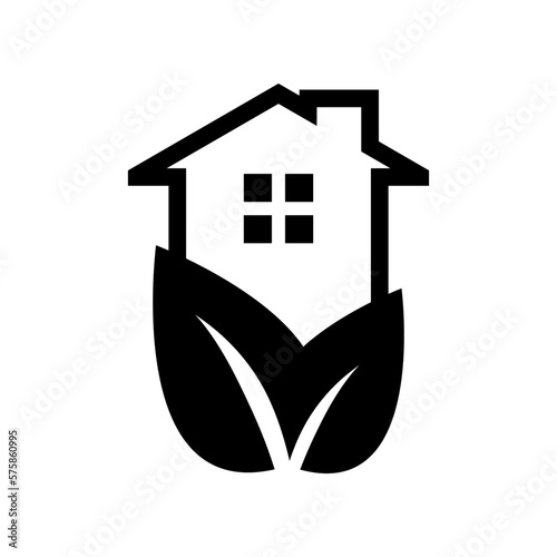 Black eco building house leaves tree environmentally ecology friendly icon logo vector design