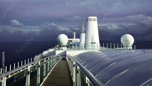 Summer cruise vacation concept. Panoramic view of the sea with a beautiful clouds just above the horizon.