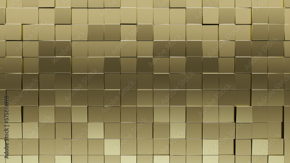custom made wallpaper toronto digitalLuxurious, Gold Mosaic Tiles arranged in the shape of a wall. 3D, Glossy, Blocks stacked to create a Square block background. 3D Render