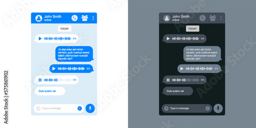 Voice message chat interface for messenger application, vector bubbles. Voice message chat rectors, flat template design for social network chat on blue background