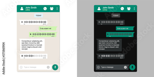 Voice message chat interface for messenger application, vector flat template. Chat messenger with voice message record or microphone icon on conversation background