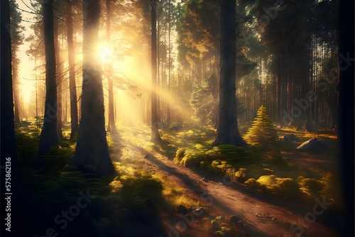 Creative sunrays photography among trees in the forest © Tarun