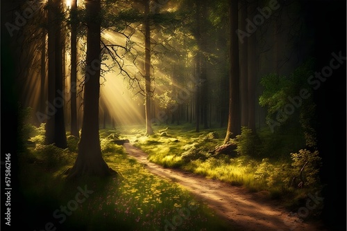 Creative sunrays photography among trees in the forest © Tarun