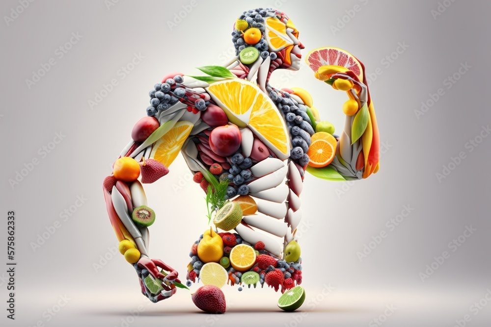 Fruits forming a strong body, Man posing muscular body builder, Eating Diet  Food for Digestion. Generative Ai Stock Illustration