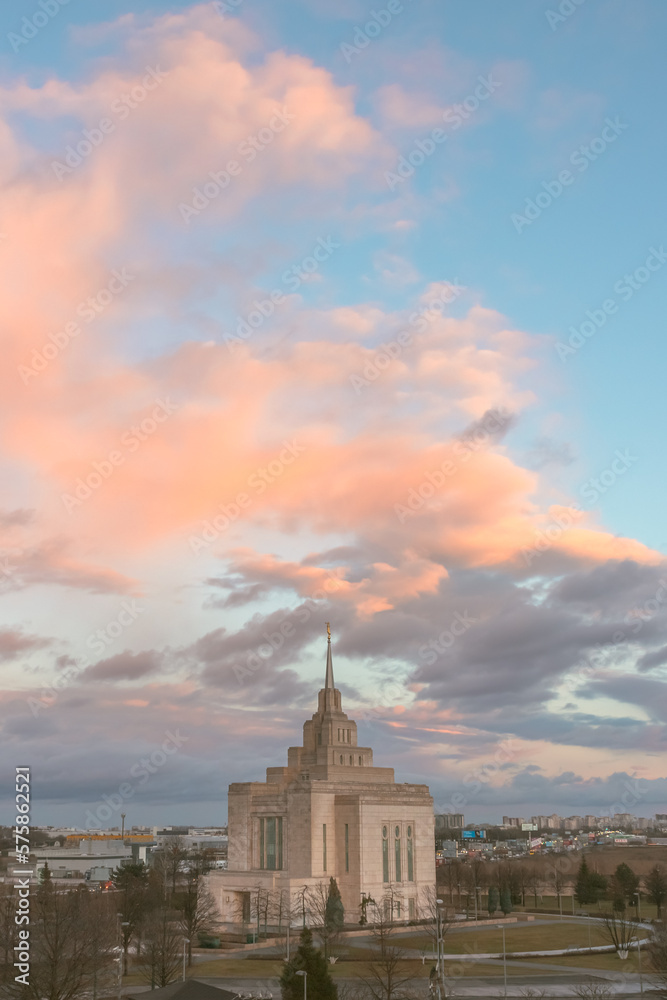 The Mormon Church. Beautiful sunset sky. The beauty of Ukraine. Architecture of Ukraine. White building.