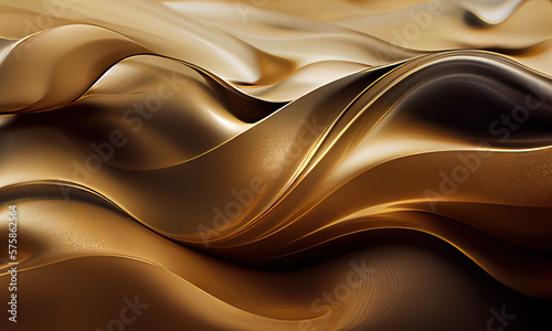 Abstract gold and brown glossy wallpaper. Shiny wavy texture with creamy details. Background with curvy organics shapes. Generative AI
