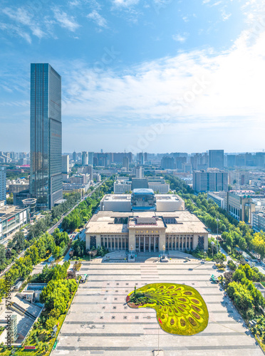 Aerial photography of Hebei Museum, Shijiazhuang Hilton Hotel and Shijiazhuang Cultural Square in Shijiazhuang City, Hebei Province, China