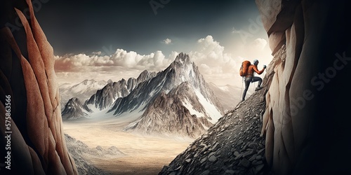 Rock climber ascending challenging peak in remote location, concept of Adventure and Resilience, created with Generative AI technology