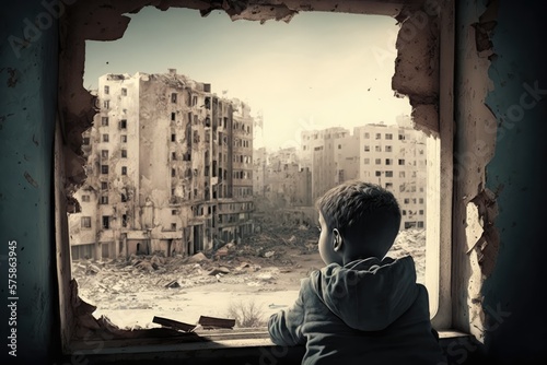 Children alone in the middle of a war zone, made with generated ai photo