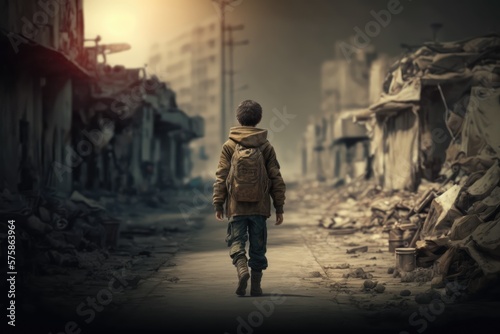 Children alone in the middle of a war zone  made with generated ai