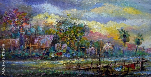 Art painting oil color rural life thailand , Countryside , local way of life , landscape