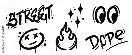 Set of graffiti spray paint vector. Black spray ink dripping texture collection of text, sparkle, comic face, flame, eyeball. Design illustration for decoration, card, sticker. banner, street art.