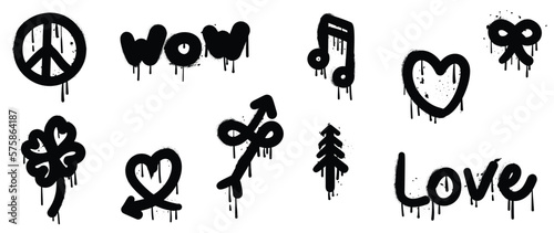 Set of graffiti spray paint vector. Black brush paint ink drip texture collection of symbol, music note, arrow, heart, clover. Design illustration for decoration, card, sticker. banner, street art.