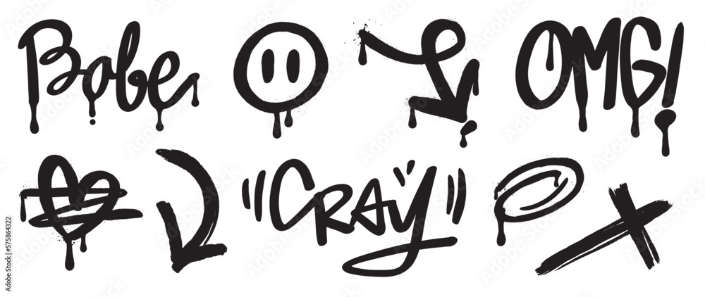 Set of graffiti spray paint vector. Black brush paint ink drip texture collection of text, symbol, heart, scribble, arrow, word. Design illustration for decoration, card, sticker. banner, street art. Set of graffiti spray paint vector. Black brush paint ink drip texture collection of text, symbol, heart, scribble, arrow, word. Design illustration for decoration, card, sticker. banner, street art.