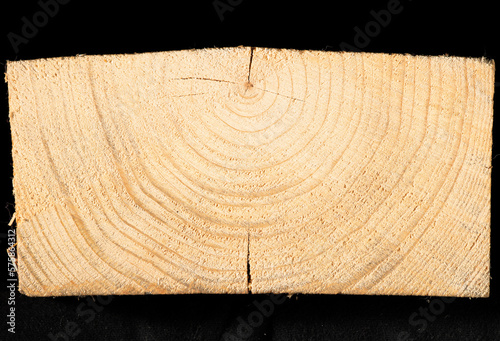 Cross section of a pine log with annual rings on a black background photo