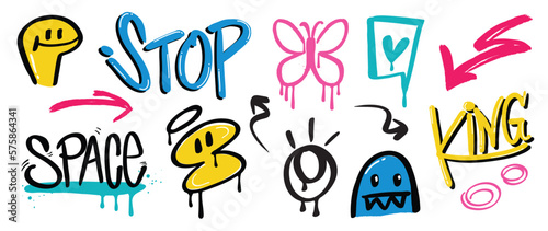 Set of graffiti spray paint vector. Brush paint ink drip texture collection of text, word, monster, butterfly, eyeball, arrow. Design illustration for decoration, card, sticker. banner, street art.