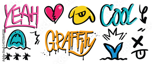 Set of graffiti spray paint vector. Brush paint ink drip texture collection of text, word, broken heart, monster, arrow, whale. Design illustration for decoration, card, sticker. banner, street art.