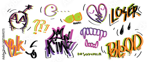 Set of graffiti spray paint vector. Vibrant brush paint ink drip texture collection of text, word, comic bomb, broken heart. Design illustration for decoration, card, sticker. banner, street art.