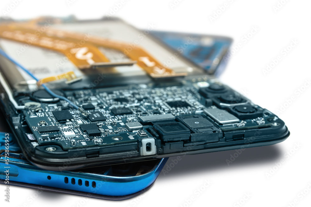 main case and back cover of disassembled blue smartphone isolated on white background close up main case and back cover of disassembled blue smartphone isolated on white background close up