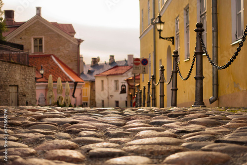 Cobblestone street in old town of Tallinn photo