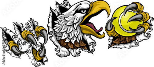 A bald eagle or hawk with claw talons holding a tennis ball and ripping or tearing through the background. Sports Mascot